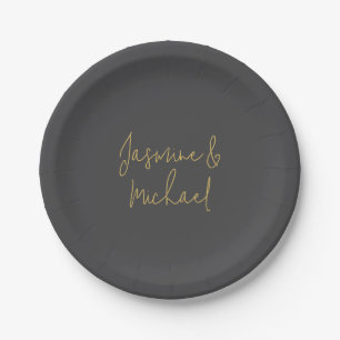 Chic Calligraphy Couple Names Gray & Gold Pappteller