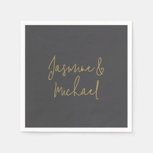 Chic Calligraphy Couple Names Gray & Gold Serviette