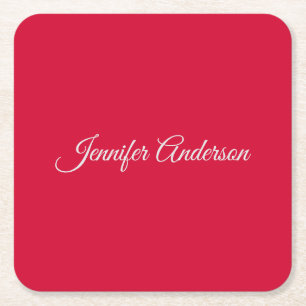 Chic Calligraphy Elegance Cherry Red Personalisier Rechteckiger Pappuntersetzer