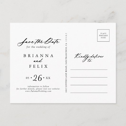 Chic Calligraphy Elegant Save the Date Postkarte (Rückseite)