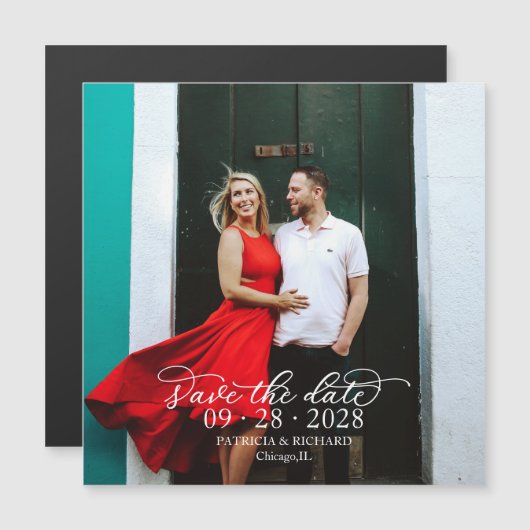 Chic Calligraphy Foto Wedding Save the Date Magneteinladung (Vorne/Hinten)