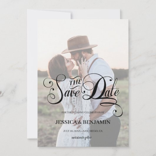 Chic Calligraphy Imitats Vellum Effect Foto Hochze Save The Date (Vorderseite)
