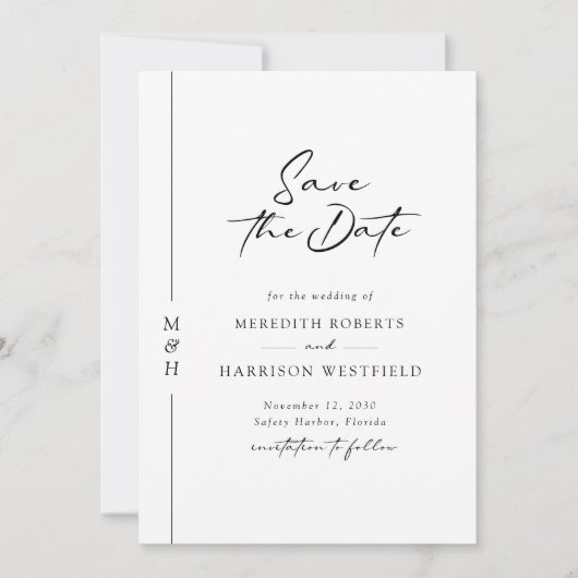 Chic Calligraphy Monogram Black and White Wedding Save The Date (Vorderseite)