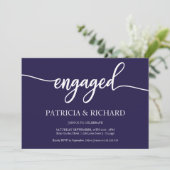 Chic Calligraphy Navy Blue Engagement Party Einladung (Stehend Vorderseite)
