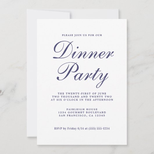 Chic Calligraphy Navy Blue White Dinner Party Einladung (Vorderseite)