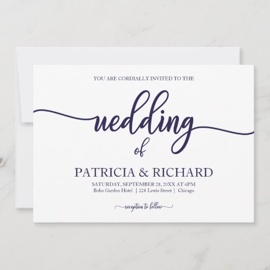 Chic Calligraphy Navy BlueWhite Wedding Einladung (Vorderseite)
