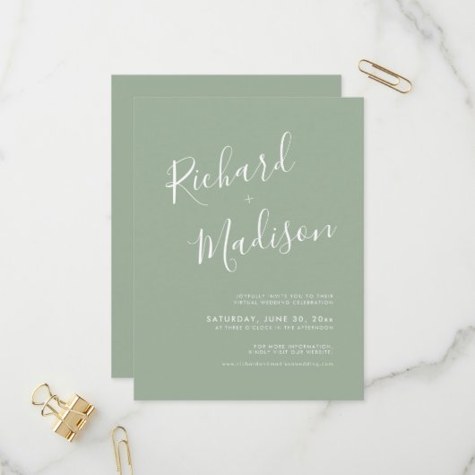Chic Calligraphy Sage Green Foto Virtual Wedding Einladungspostkarte (Vorderseite/Rückseite Beispiel)