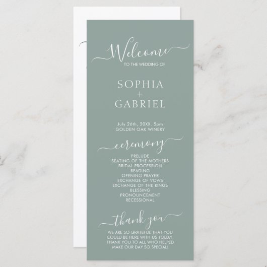 Chic Calligraphy Sage Green Wedding Zeremonie Programm (Vorne/Hinten)