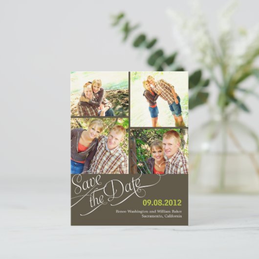 Chic Calligraphy Save the Date Postcard - Grau Ankündigungspostkarte (Stehend Vorderseite)