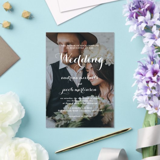 Chic Calligraphy Script Classic Foto Wedding Acryleinladungen (In Situ (Hochzeit))