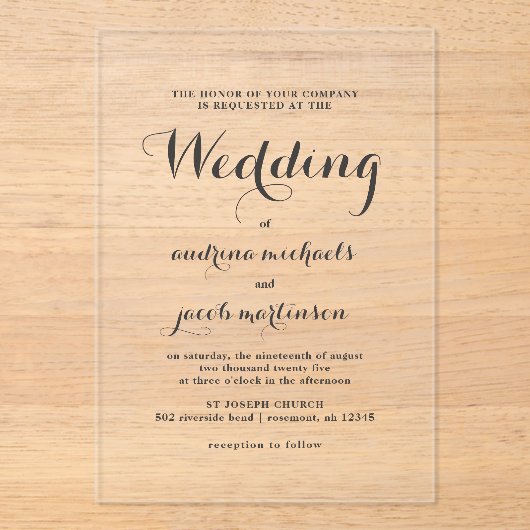 Chic Calligraphy Script Classic Wedding Acryleinladungen (Vorderseite)