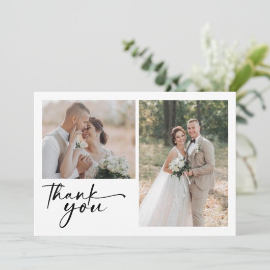 Chic Calligraphy Script Foto Wedding Dankeskarte (Stehend Vorderseite)