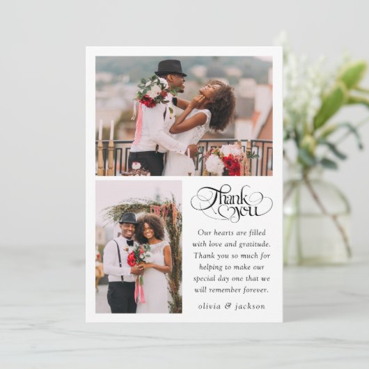 Chic Calligraphy Script Foto Wedding Dankeskarte (Stehend Vorderseite)