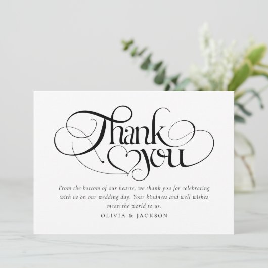 Chic Calligraphy Script Foto Wedding Dankeskarte (Stehend Vorderseite)