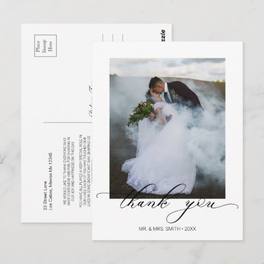 Chic Calligraphy Script Wedding Foto Vielen Dank Postkarte (Vorne/Hinten)