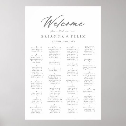 Chic Calligraphy Silver Alphabetitical Seating Poster (Vorne)