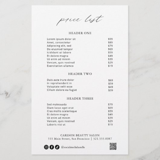 Chic Calligraphy Simple Elegant Price List (Vorderseite)