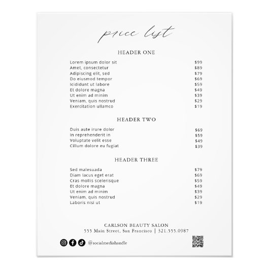 Chic Calligraphy Simple Elegant Price List Fotodruck (Vorne)