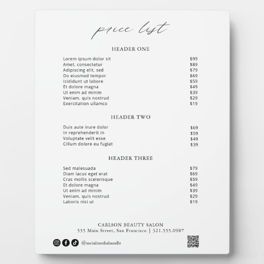 Chic Calligraphy Simple Elegant Price List Fotoplatte (Vorderseite)