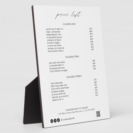 Chic Calligraphy Simple Elegant Price List Fotoplatte (Seite)