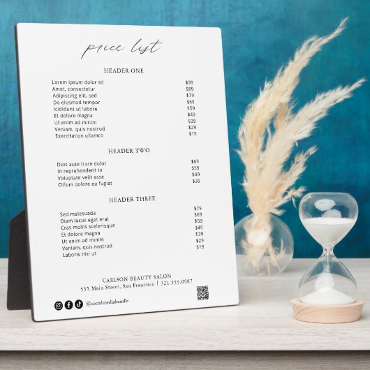 Chic Calligraphy Simple Elegant Price List Fotoplatte (Seite)