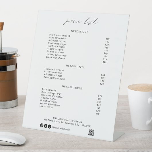 Chic Calligraphy Simple Elegant Price List Sockelschild (In Situ)