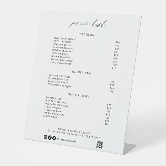 Chic Calligraphy Simple Elegant Price List Sockelschild (Vorderseite)