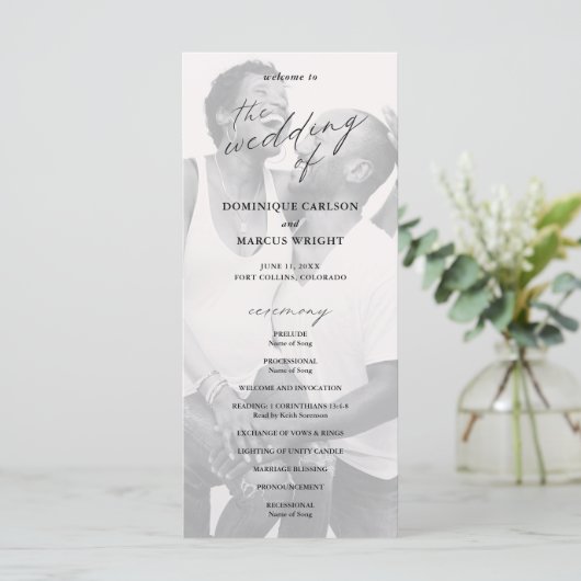 Chic Calligraphy Simple Foto Wedding Programm (Stehend Vorderseite)