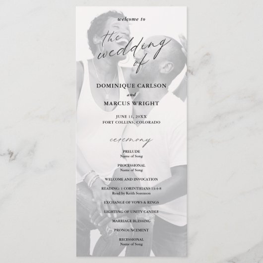 Chic Calligraphy Simple Foto Wedding Programm (Vorderseite)