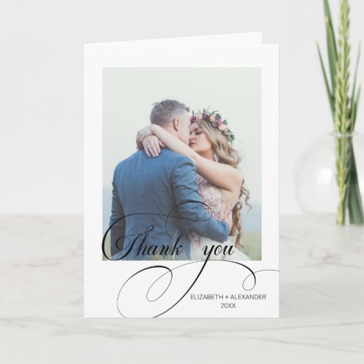 Chic Calligraphy Wedding Foto Danke-Card Dankeskarte (Vorderseite)