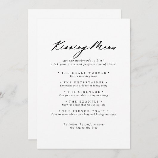 Chic Calligraphy Wedding Kissing Menu Game Card (Vorne/Hinten)