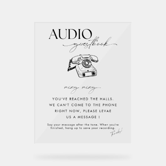 Chic Calligraphy Wedding Telefone Audio Gäestbook Acrylschild (Vorderseite)