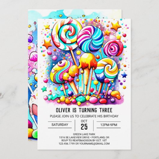 Chic Candyland Kindergeburtstag Einladung (Vorne/Hinten)