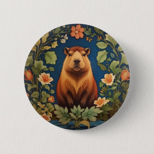 Chic Capybara - William Morris Inspiriert Button (Vorderseite)