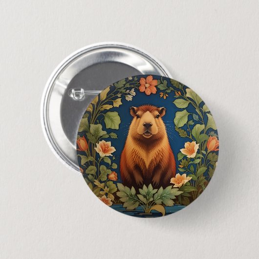 Chic Capybara - William Morris Inspiriert Button (Vorne & Hinten)