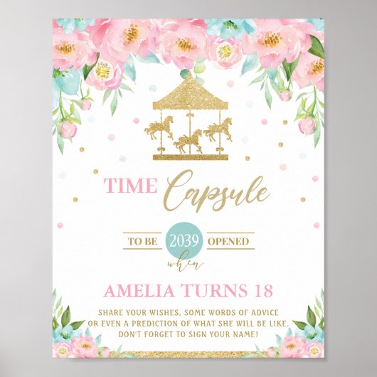Chic Carousel Pink Minze Floral Time Kapsel Zeiche Poster (Vorne)
