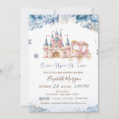 Chic Castle,Carriage Blue Flowers Baby Shower Einladung (Vorderseite)