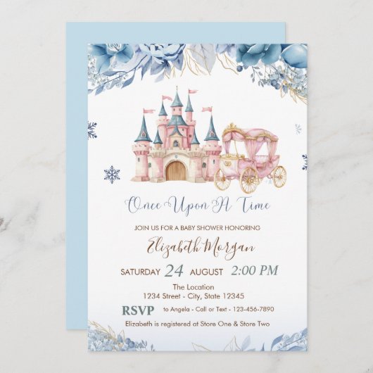 Chic Castle,Carriage Blue Flowers Baby Shower Einladung (Vorne/Hinten)