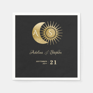 Chic Celestial Black Gold Sun Moon Monogram Wappen Serviette