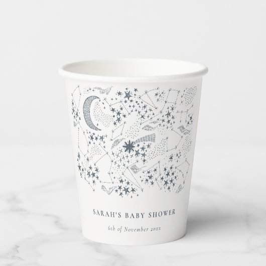 Chic Celestial Navy Starry Night Moon Babydusche Pappbecher (Rückseite)