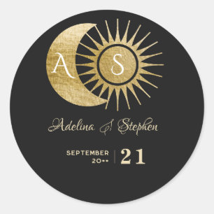 Chic Celestial Schwarz Gold Sonne Mond Monogramm W Runder Aufkleber