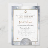 Chic Celestial Silver, White and Gold Bat Mitzvah Einladung (Vorderseite)
