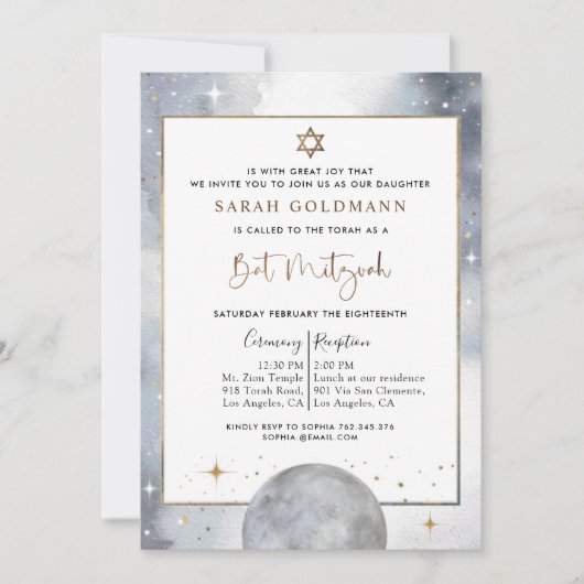 Chic Celestial Silver, White and Gold Bat Mitzvah Einladung (Vorderseite)