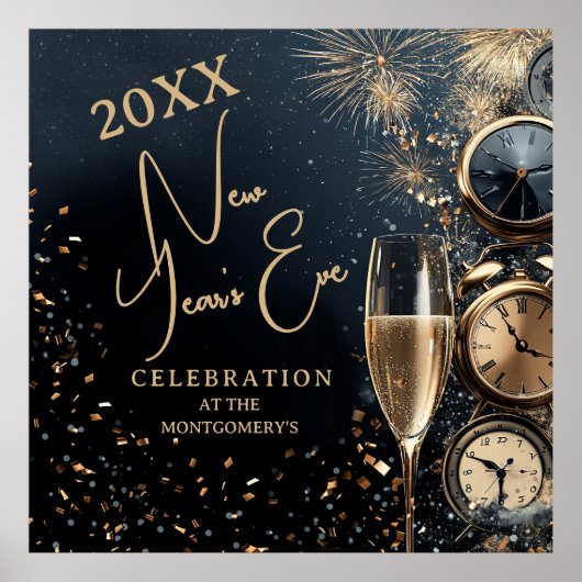 Chic Champagne and Clocks New Year's Eve Party Poster (Vorne)