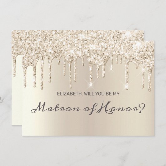 Chic Champagne Dripping Glitzer Matron of Honour Einladung (Vorne/Hinten)
