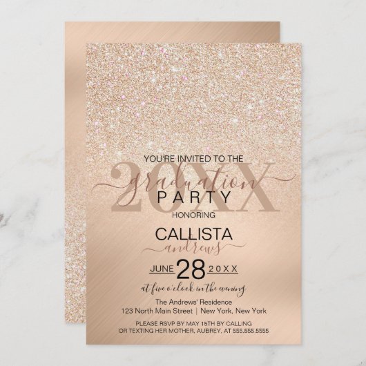 Chic Champagne Gold Glitzer Metallic Abschluss Einladung (Vorne/Hinten)
