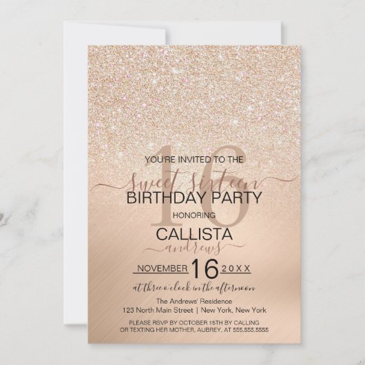 Chic Champagne Gold Glitzer Metallic Sweet 16 Einladung (Vorderseite)