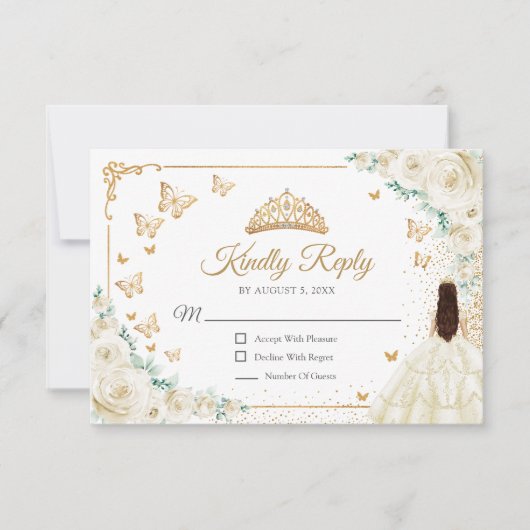Chic Champagne Ivory Roses Gold Quinceanera Reply RSVP Karte (Vorderseite)