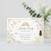 Chic Champagne Ivory Roses Gold Quinceanera Reply RSVP Karte (Stehend Vorderseite)