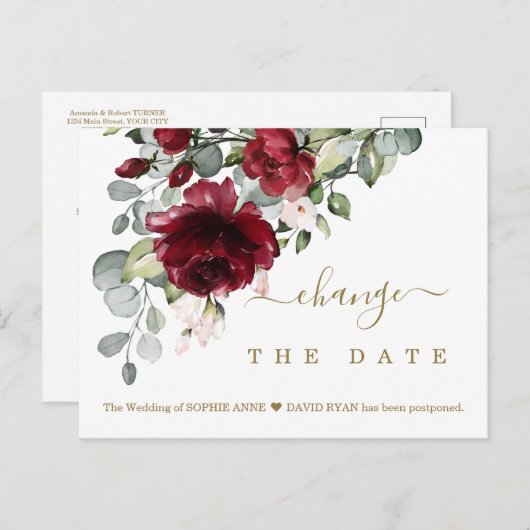 Chic Change Our Date Burgundy Blume Hochzeit Postkarte (Vorne/Hinten)